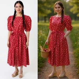 VTG 80s Lauren Ashley Puff Sleeves Red Floral Midi Dress 8 Cottagecore | AM584